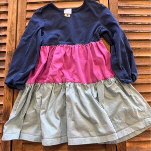 Hanna Andersson Navy, Turquoise, and Pink Dress with Ruffle Twirl Skirt Size 5